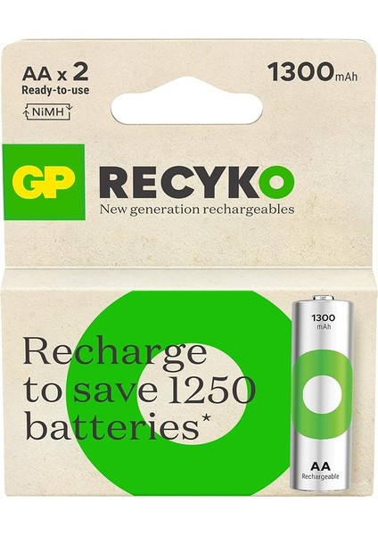 Batteries Recyko 1300 Aa Kalem Ni-Mh Şarjlı Pil, 1.2 Volt, 2'li Kart