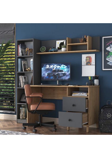 HA115 Çekmeceli Kitaplıklı Çalışma Ofis Bilgisayar Masası Sepet Ceviz - Antrasit