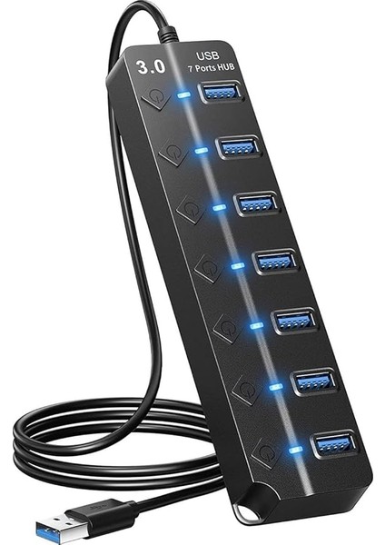 7 Bağlantı Noktalı USB Hub Bölücü Çoklu Hub USB 3.0 Adaptörü USB Çoklu Bağlantı Noktalı Anahtarlı ve Işıklı Güç Adaptörü ZR790