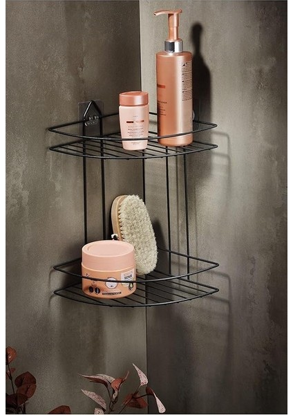 Haus Ömür Boyu Paslanmaz Yapışkanlı Banyo Köşeliği Düzenleyici Şampuanlık Duş Rafı Siyah Ek-02