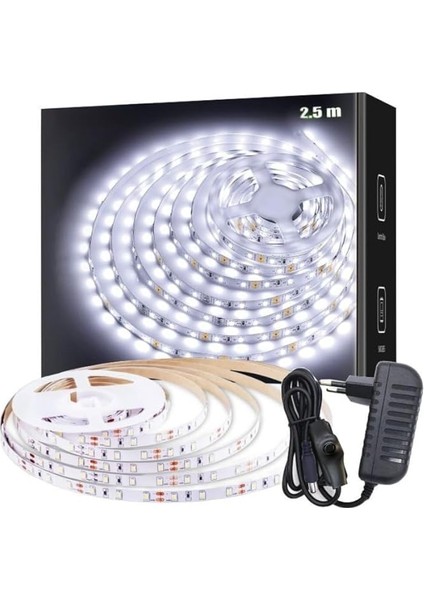 SB-6501 Şerit LED Işık Aydınlatma Seti Aç/kapa Butonlu, Adaptörlü, Mutfak Tezgah, Çalışma Masası, Dolap ve Raf Işıklandırma, Dekoratif Aydınlatma (Beyaz, 250 Cm)