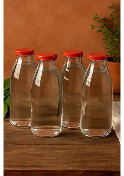 Adet 1 Litre Şeffaf Sürahi Süt, Ayran, Su, Limonata, Meşrubat Şişesi Plastik Kapaklı Cam Şişe