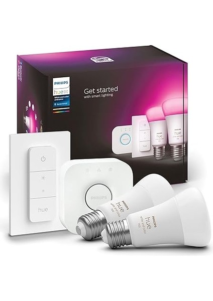 Hue Akıllı Aydınlatma LED Ampul Başlangıç Kiti, 2'li E27 Ampul , Köprü ve Dimmer Set, Beyaz ve Renkli modelleri