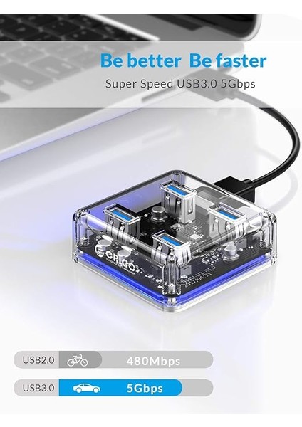 Şeffaf LED Işıklı 5gbps 4 Portlu Usb-A 3.0 Çoklayıcı 30 cm Kablolu fiyatları