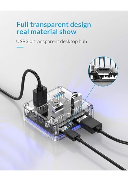 Şeffaf LED Işıklı 5gbps 4 Portlu Usb-A 3.0 Çoklayıcı 30 cm Kablolu fırsatları
