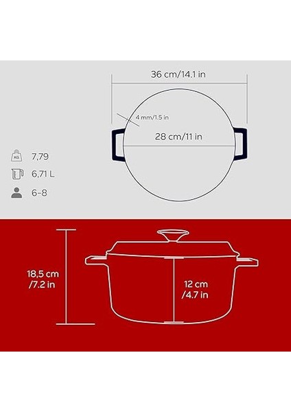 Döküm Yuvarlak Tencere, Trendy, 28 Cm, 6.71 L Hacim, Kırmızı indirimleri