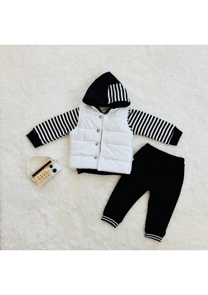 Erkek Çocuk Şerit Kol Detaylı Kapüşonlu Şişme Yelekli 3’lü Kombin Takım – Siyah Beyaz