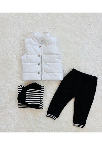 Erkek Çocuk Şerit Kol Detaylı Kapüşonlu Şişme Yelekli 3’lü Kombin Takım – Siyah Beyaz modelleri