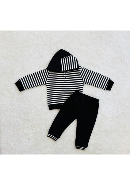 Erkek Çocuk Şerit Kol Detaylı Kapüşonlu Şişme Yelekli 3’lü Kombin Takım – Siyah Beyaz fırsatları