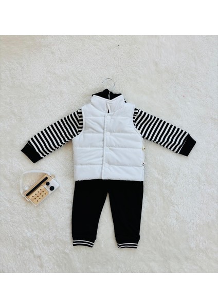 Erkek Çocuk Şerit Kol Detaylı Kapüşonlu Şişme Yelekli 3’lü Kombin Takım – Siyah Beyaz indirimleri