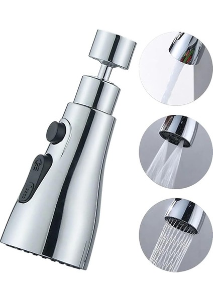 Krom 3 Fonksiyonlu Mutfak Lavabo Başlığı, 720 Derece Döner, Su Tasarruflu, Şık ve Dayanıklı Tek Musluk Ucu