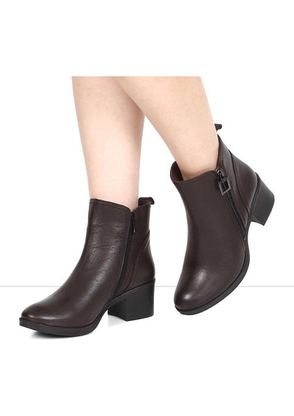 Kadın Kahverengi Çift Fermuarlı Kalın Topuklu Deri Bot