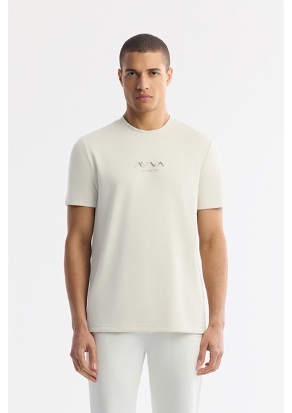 Erkek Kırık Beyaz Bisiklet Yaka Baskılı Bi-Stretch İnterlok Regular Fit T-Shirt A51Y1006