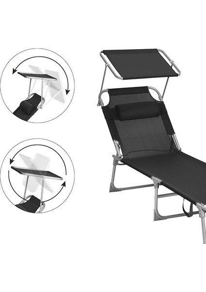 GCB192B01 Şezlong, Baş Destekli Rahatlama Şezlongu, Sırtlık ve Güneş Şemsiyesi, Eğilebilir, Hafif, Katlanabilir, 53 x 193 x 29,5 Cm, Taşıma Kapasitesi 150 Kg, Bahçe, Siyah indirimleri