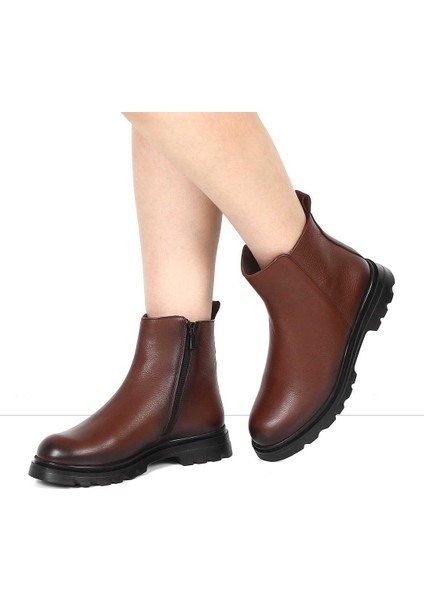 Kadın Taba Fermuarlı Deri Bot