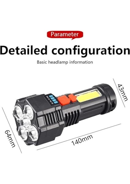 Şarjlı 5 Ledli Ultra Güçlü Profesyonel El Feneri Şarj Göstergeli Su Geçirmez Cob LED Fener Işıldak Ultra Hafif modelleri