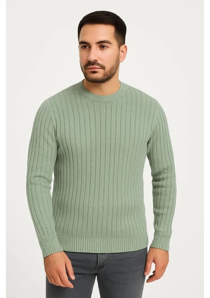 Erkek Bisiklet Yuvarlak Yaka Triko Kazak Pamuklu Kalın Fitilli Dokuma, Regular Fit Uzun Kollu Kışlık Model - Mint Yeşili fiyatları
