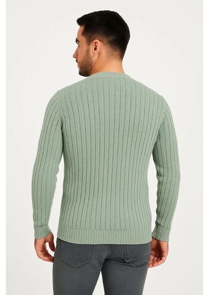 Erkek Bisiklet Yuvarlak Yaka Triko Kazak Pamuklu Kalın Fitilli Dokuma, Regular Fit Uzun Kollu Kışlık Model - Mint Yeşili modelleri