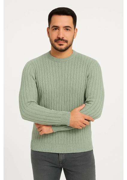 Erkek Bisiklet Yuvarlak Yaka Triko Kazak Pamuklu Kalın Fitilli Dokuma, Regular Fit Uzun Kollu Kışlık Model - Mint Yeşili fırsatları