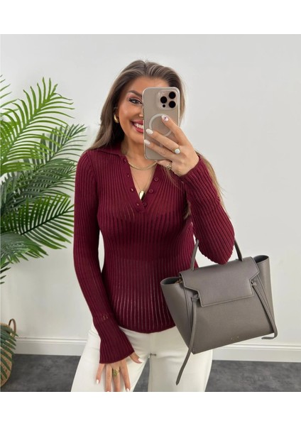 Bordo Polo Yaka Tül Örgü Transparan Detaylı Ince Triko Kazak