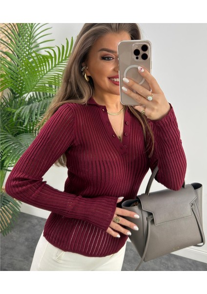 Bordo Polo Yaka Tül Örgü Transparan Detaylı Ince Triko Kazak modelleri
