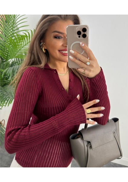 Bordo Polo Yaka Tül Örgü Transparan Detaylı Ince Triko Kazak fırsatları
