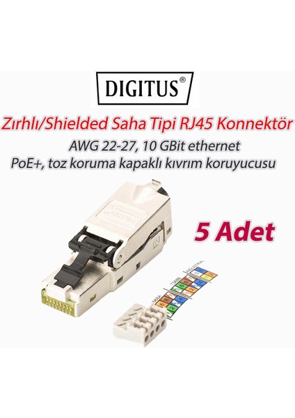 DN-93631 Zırhlı/shielded Saha Tipi RJ45 Konnektör, Awg 22-27, 10 Gbit Ethernet, Poe+, Toz Koruma Kapaklı, Kıvrım Koruyucusu