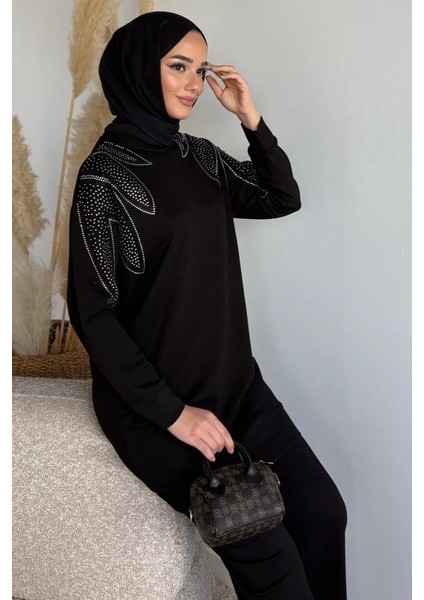 Bisiklet Yaka Taş Işlemeli Tunik Bel Lastikli Pantolon Tesettür Ikili Takım P-00019653