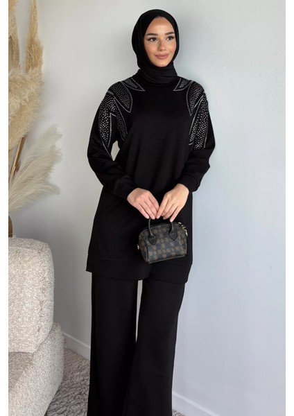 Bisiklet Yaka Taş Işlemeli Tunik Bel Lastikli Pantolon Tesettür Ikili Takım P-00019653 fiyatları