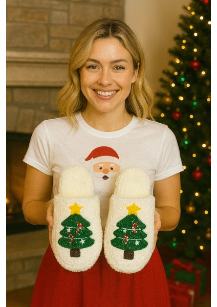 Kadın Ev Terliği Peluş Noel Yılbaşı Fiğürlü Terlik Çeyiz ve Bohça Terliği Ses Yapmaz Kalın Taban