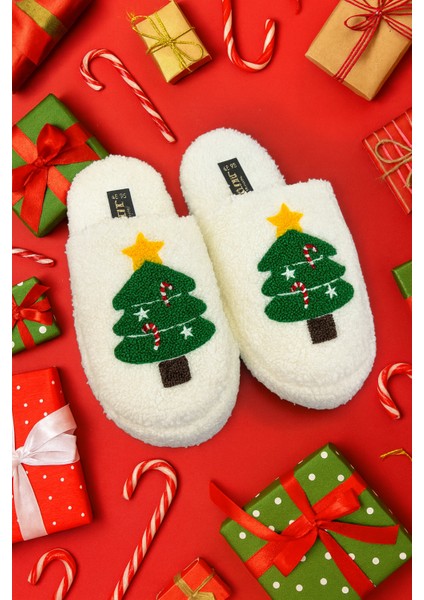 Kadın Ev Terliği Peluş Noel Yılbaşı Fiğürlü Terlik Çeyiz ve Bohça Terliği Ses Yapmaz Kalın Taban fiyatları