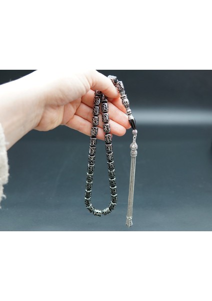 Siyah İnci Oltutaşı Kapsül Kesim Nakış Işlemeli Oltu Taşı Tesbih SK000155