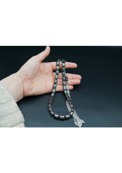 Siyah İnci Oltutaşı Kapsül Kesim Nakış Işlemeli Oltu Taşı Tesbih SK000155 modelleri