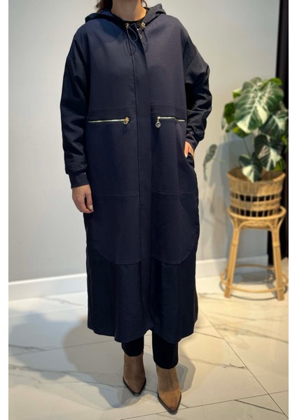 Önden Patlı Cepleri Fermuarlı Kapüşonlu Dubai Garnili Çelik Kap Ceket 6811 Lacivert