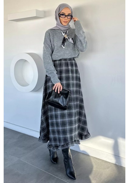 Bel Lastikli Ekose Desenli Tesettür Etek P-00019576 fiyatları