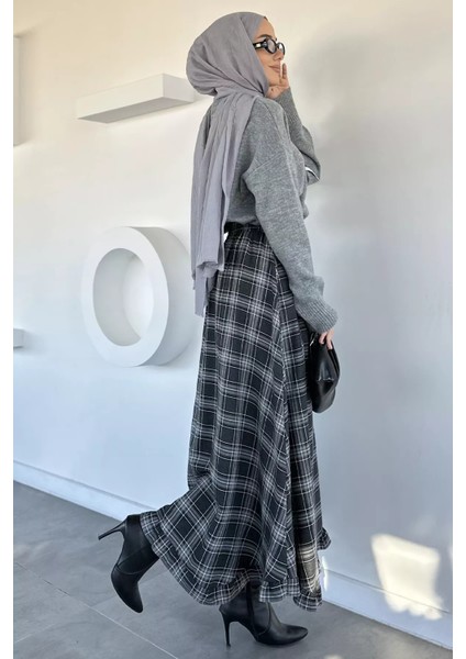 Bel Lastikli Ekose Desenli Tesettür Etek P-00019576 modelleri