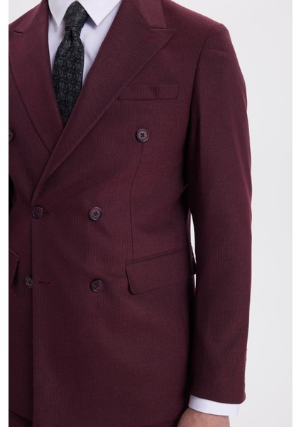 Erkek Slim Fit Sivri Yaka Çizgili Kapaklı Cepli Bordo Takım Elbise fırsatları