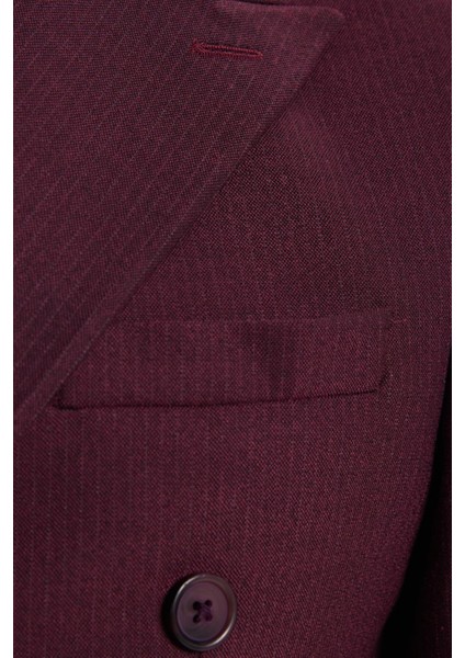Erkek Slim Fit Sivri Yaka Çizgili Kapaklı Cepli Bordo Takım Elbise