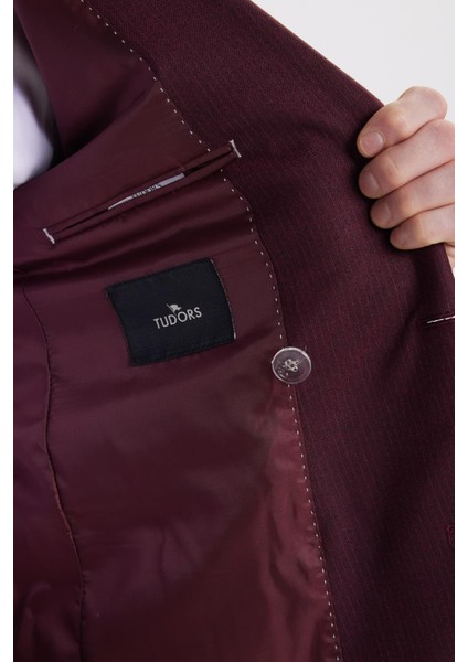 Erkek Slim Fit Sivri Yaka Çizgili Kapaklı Cepli Bordo Takım Elbise