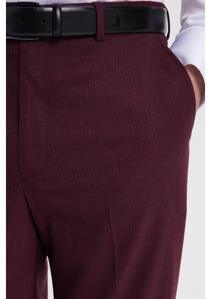 Erkek Slim Fit Sivri Yaka Çizgili Kapaklı Cepli Bordo Takım Elbise