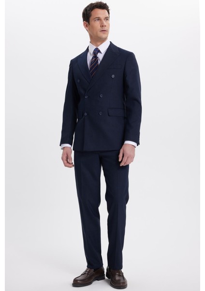 Erkek Slim Fit Sivri Yaka Çizgili Kapaklı Cepli Lacivert Takım Elbise fiyatları