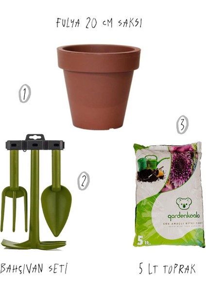 3'lü Set - Fulya 20 cm Saksı - Bahçıvan Seti - 5 Lt Toprak