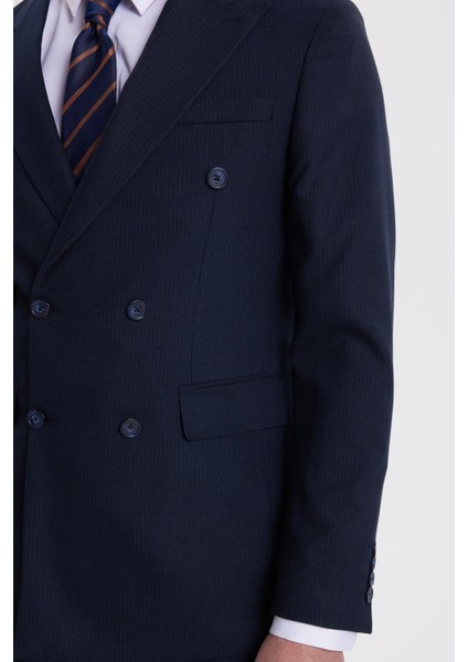 Erkek Slim Fit Sivri Yaka Çizgili Kapaklı Cepli Lacivert Takım Elbise fırsatları