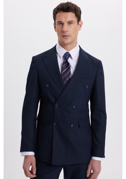 Erkek Slim Fit Sivri Yaka Çizgili Kapaklı Cepli Lacivert Takım Elbise indirimleri