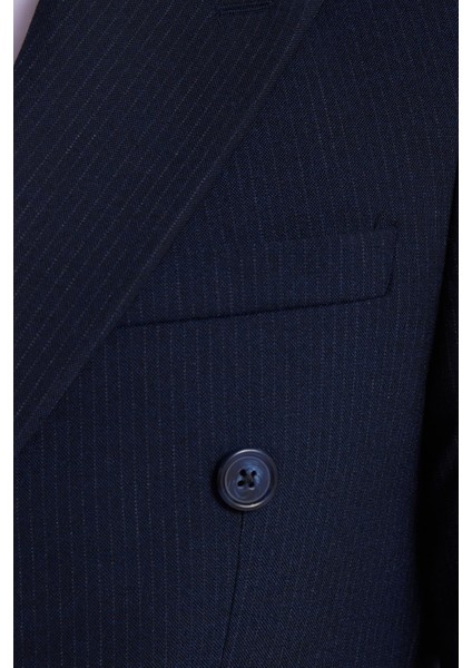 Erkek Slim Fit Sivri Yaka Çizgili Kapaklı Cepli Lacivert Takım Elbise