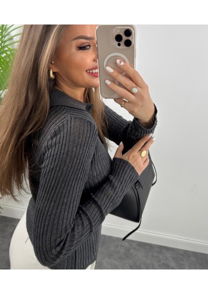 Antrasit Polo Yaka Tül Örgü Transparan Detaylı Ince Triko Kazak fiyatları