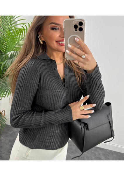 Antrasit Polo Yaka Tül Örgü Transparan Detaylı Ince Triko Kazak modelleri