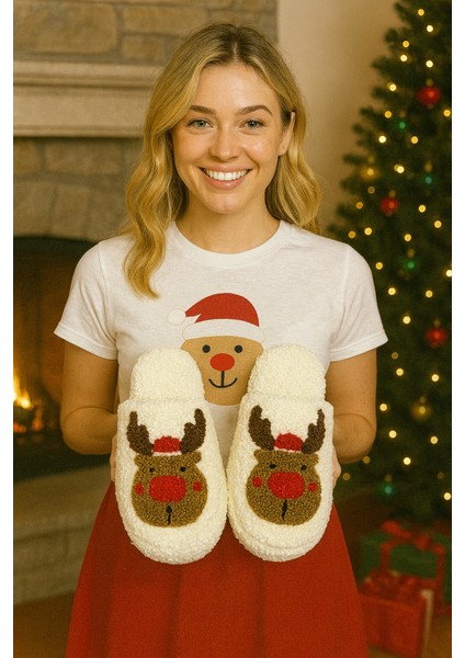 Kadın Ev Terliği Peluş Noel Yılbaşı Fiğürlü Terlik Çeyiz ve Bohça Terliği Ses Yapmaz Kalın Taban