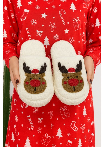 Kadın Ev Terliği Peluş Noel Yılbaşı Fiğürlü Terlik Çeyiz ve Bohça Terliği Ses Yapmaz Kalın Taban modelleri