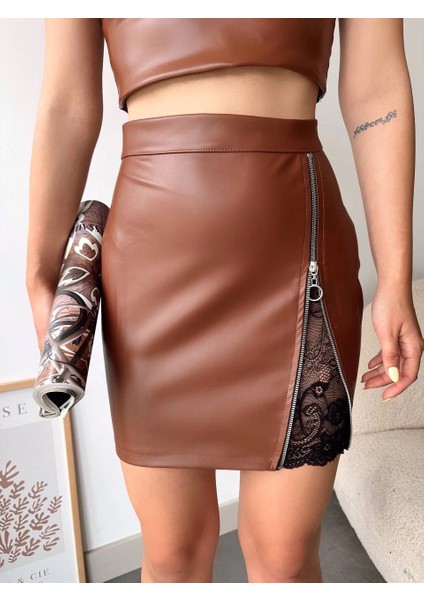Lzrdwzrd Dantelli Fermuarlı Deri Etek Kahve W24598 (Beden: M) modelleri